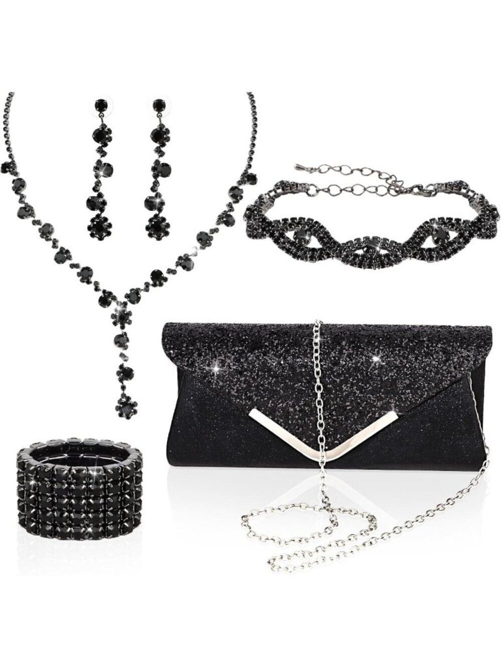Elegant 5-Piece Jewelry Purse Set for Women - Rhinestone Clutch, Necklaces